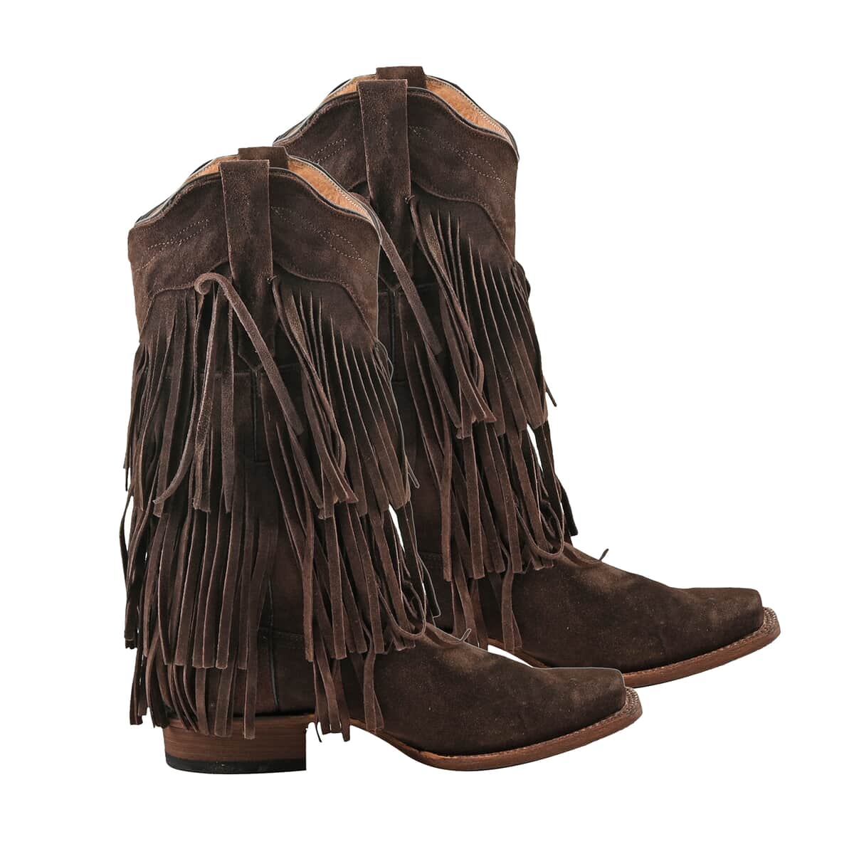 TANNER MARK 100% Genuine Suede Leather Western Style Square Toe Boot with Fringe - Brown - Size 9.5 image number 2