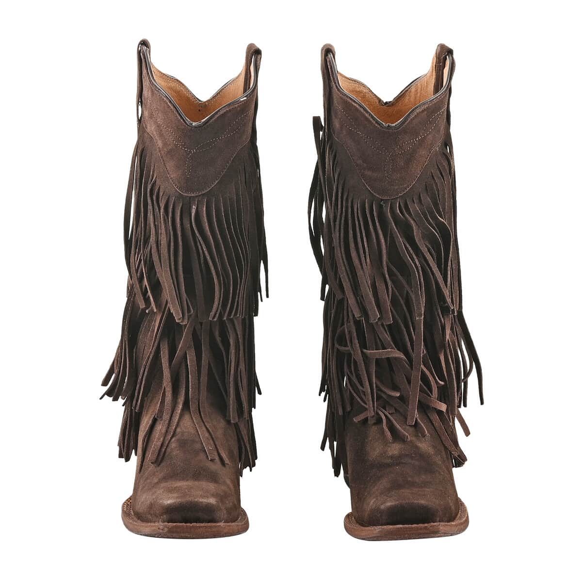 TANNER MARK 100% Genuine Suede Leather Western Style Square Toe Boot with Fringe - Brown - Size 9.5 image number 3