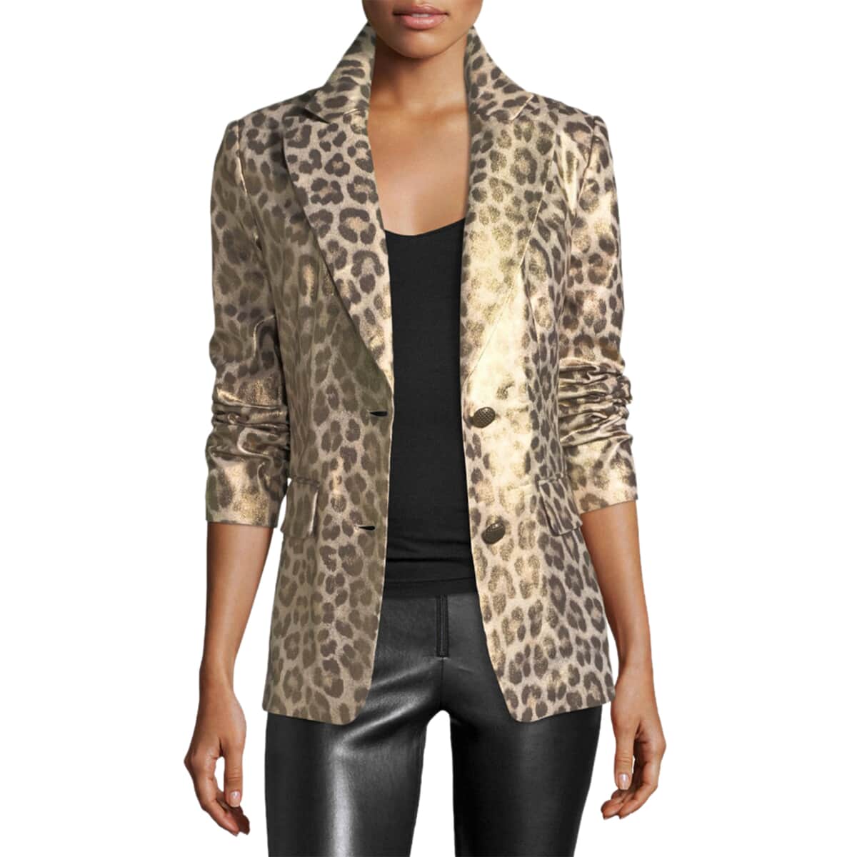 BEREK Tan Metallic Coated Animal Print Blazer Jacket For Women with Notch Collar – M image number 0