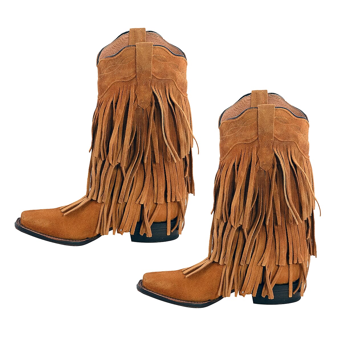TANNER MARK 100% Genuine Suede Leather Western Style Square Toe Boot with Fringe - Buttercup - Size 8 image number 1