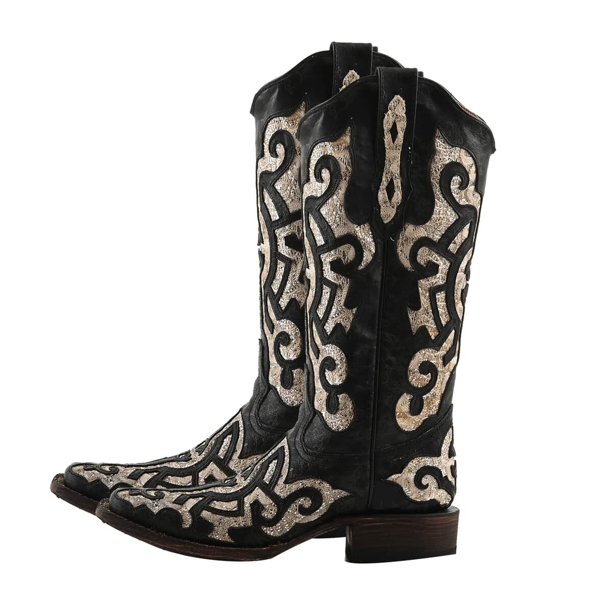 TANNER MARK 100% Genuine Leather Western Style Square Toe Boot with Glitter Lace Design - Black/Off-White - Size 6 image number 2