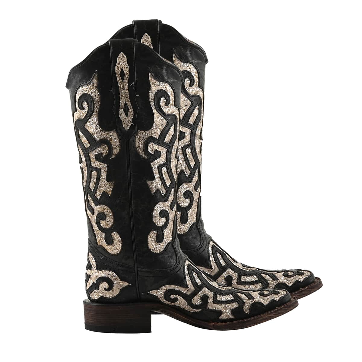 TANNER MARK 100% Genuine Leather Western Style Square Toe Boot with Glitter Lace Design - Black/Off-White - Size 6 image number 3