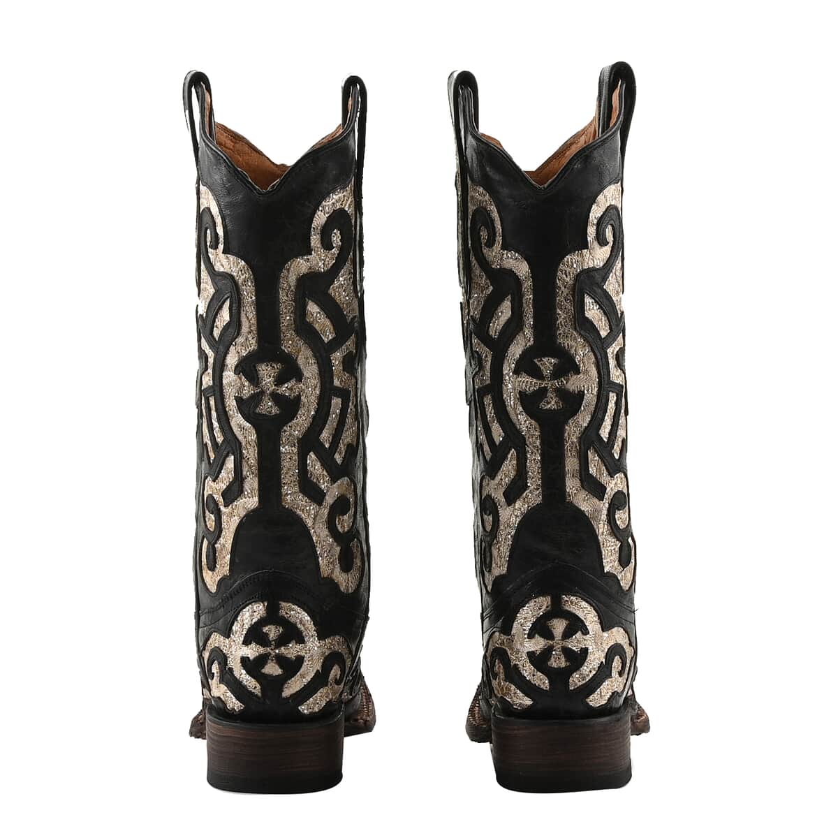 TANNER MARK 100% Genuine Leather Western Style Square Toe Boot with Glitter Lace Design - Black/Off-White - Size 6 image number 5