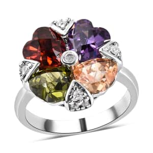 Simulated Multi Color Diamond Floral Ring in Silvertone (Size 5.75) 5.50 ctw