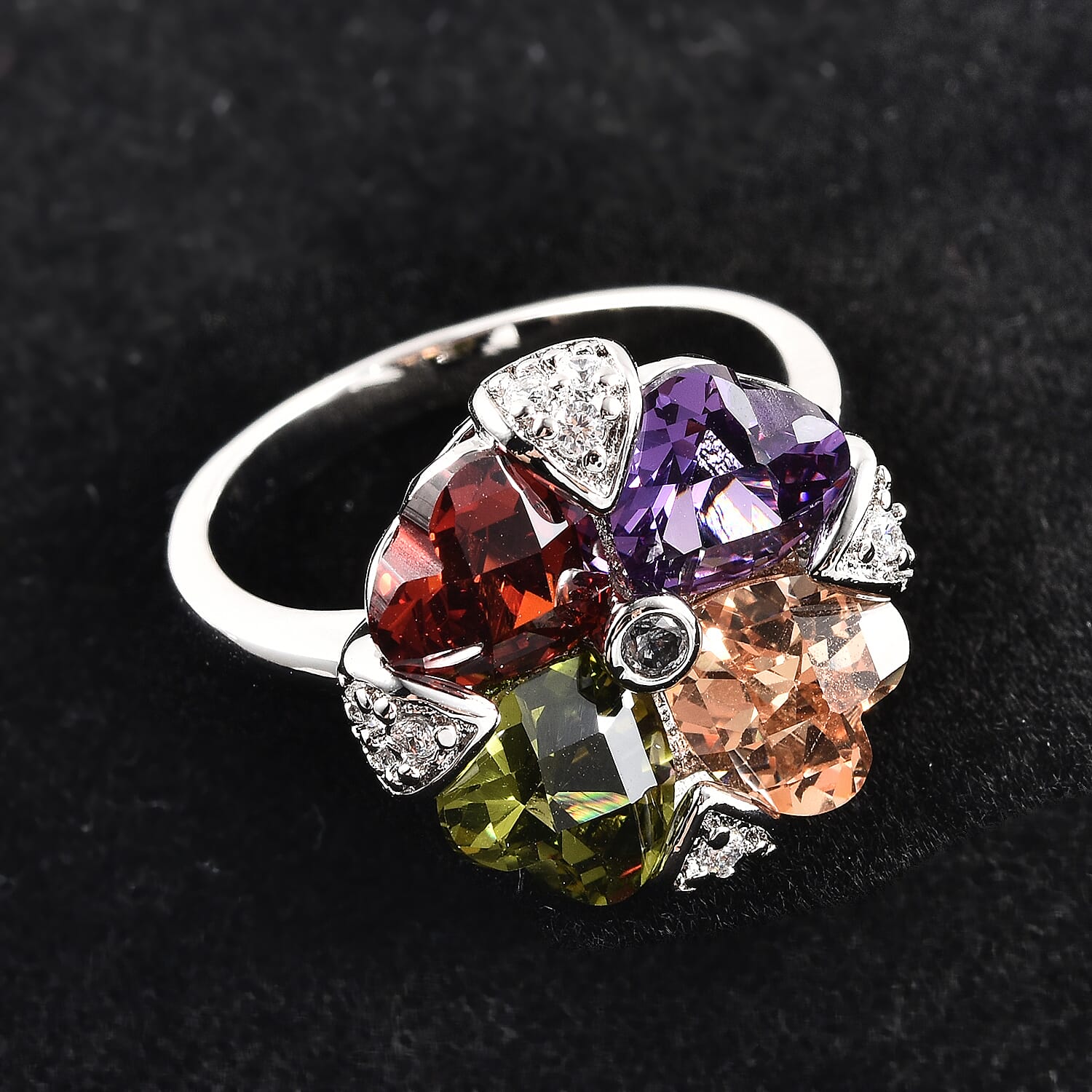 Simulated Multi Color Diamond Floral Ring in Silvertone (Size 5.75) 5.50 ctw
