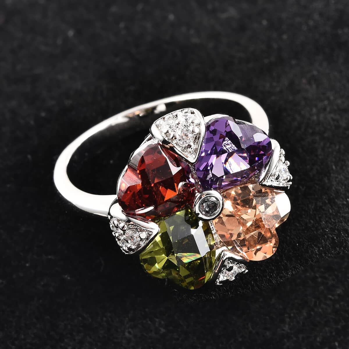 Simulated Multi Color Diamond Floral Ring in Silvertone (Size 6.75) image number 1