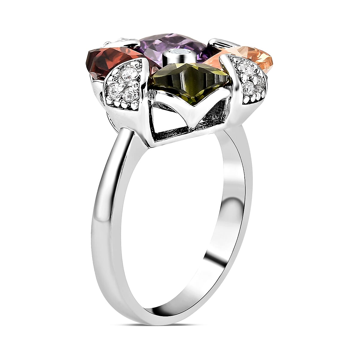 Simulated Multi Color Diamond Floral Ring in Silvertone (Size 5.75) 5.50 ctw