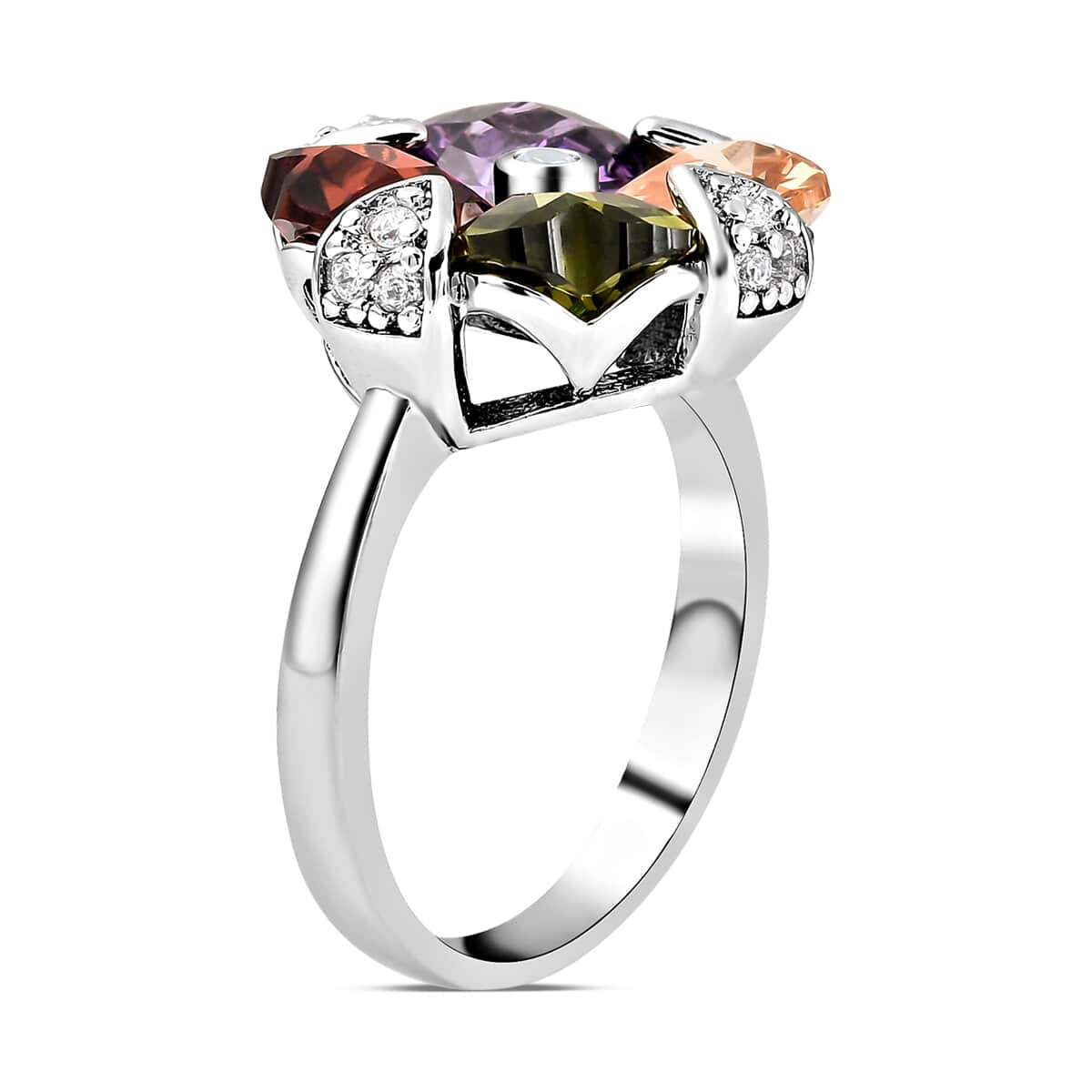 Simulated Multi Color Diamond Floral Ring in Silvertone (Size 6.75) image number 3