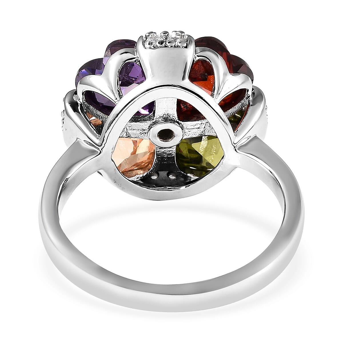 Simulated Multi Color Diamond Floral Ring in Silvertone (Size 5.75) 5.50 ctw
