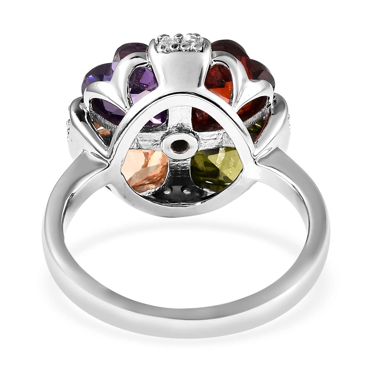 Simulated Multi Color Diamond Floral Ring in Silvertone (Size 6.75) image number 4