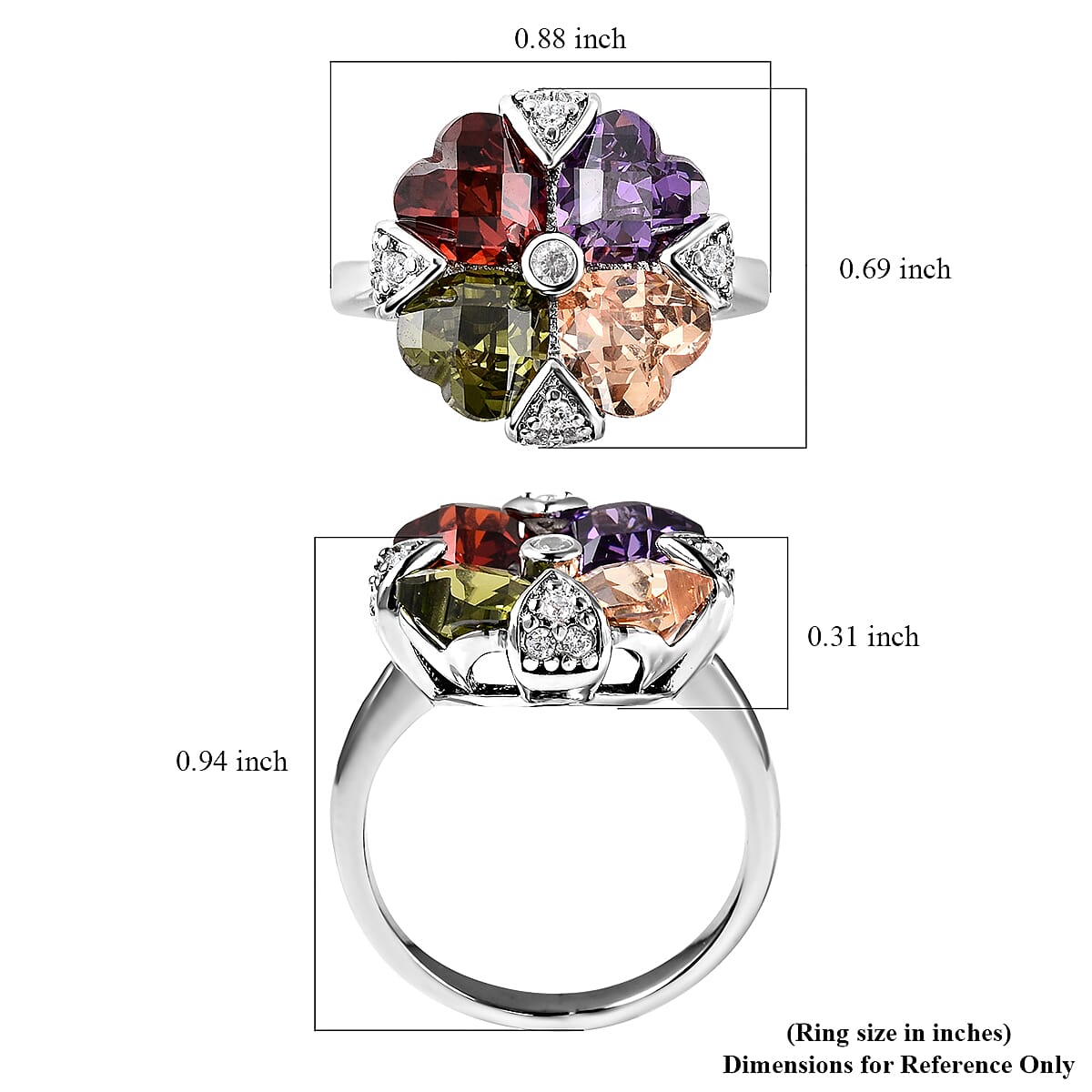 Simulated Multi Color Diamond Floral Ring in Silvertone (Size 5.75) 5.50 ctw