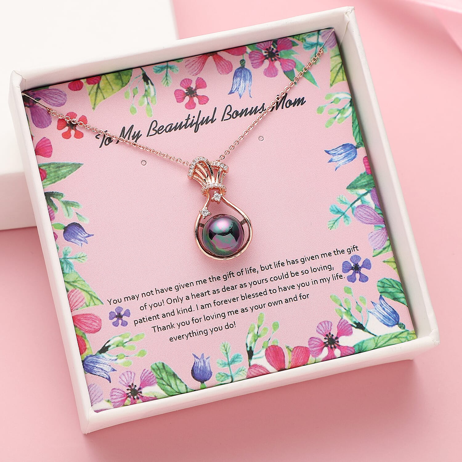 To My Beautiful Bonus Mom Gift Box with Peacock Color Shell Pearl, Simulated Diamond Drop Necklace (17.50 Inches) in Goldtone