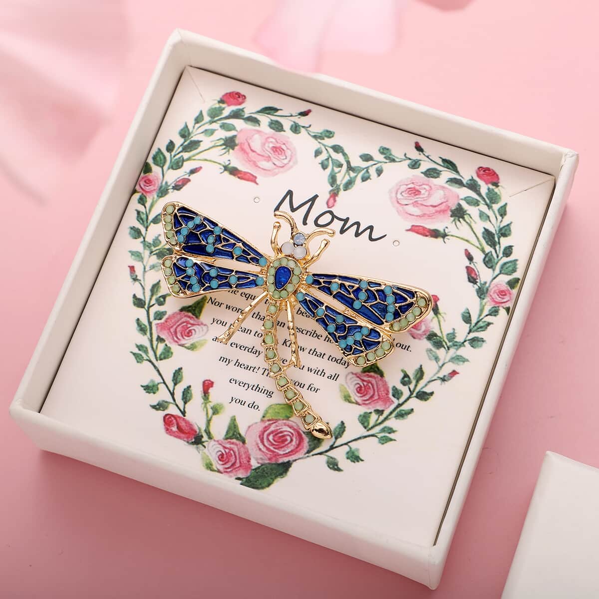 Dear Mom Gift Box with Multi Color Austrian Crystal Enameled Dragonfly Brooch in Goldtone image number 0