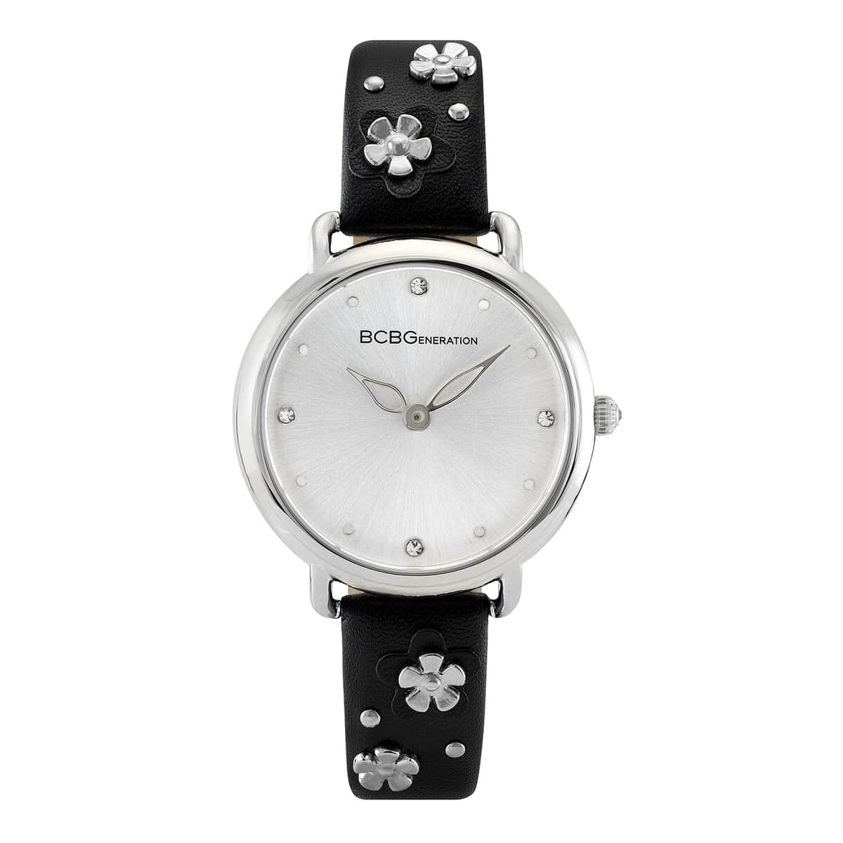 BCBGeneration Austrian Crystal Japanese Movement Black Floral Vegan Leather Strap Watch in Silvertone (34mm) image number 0