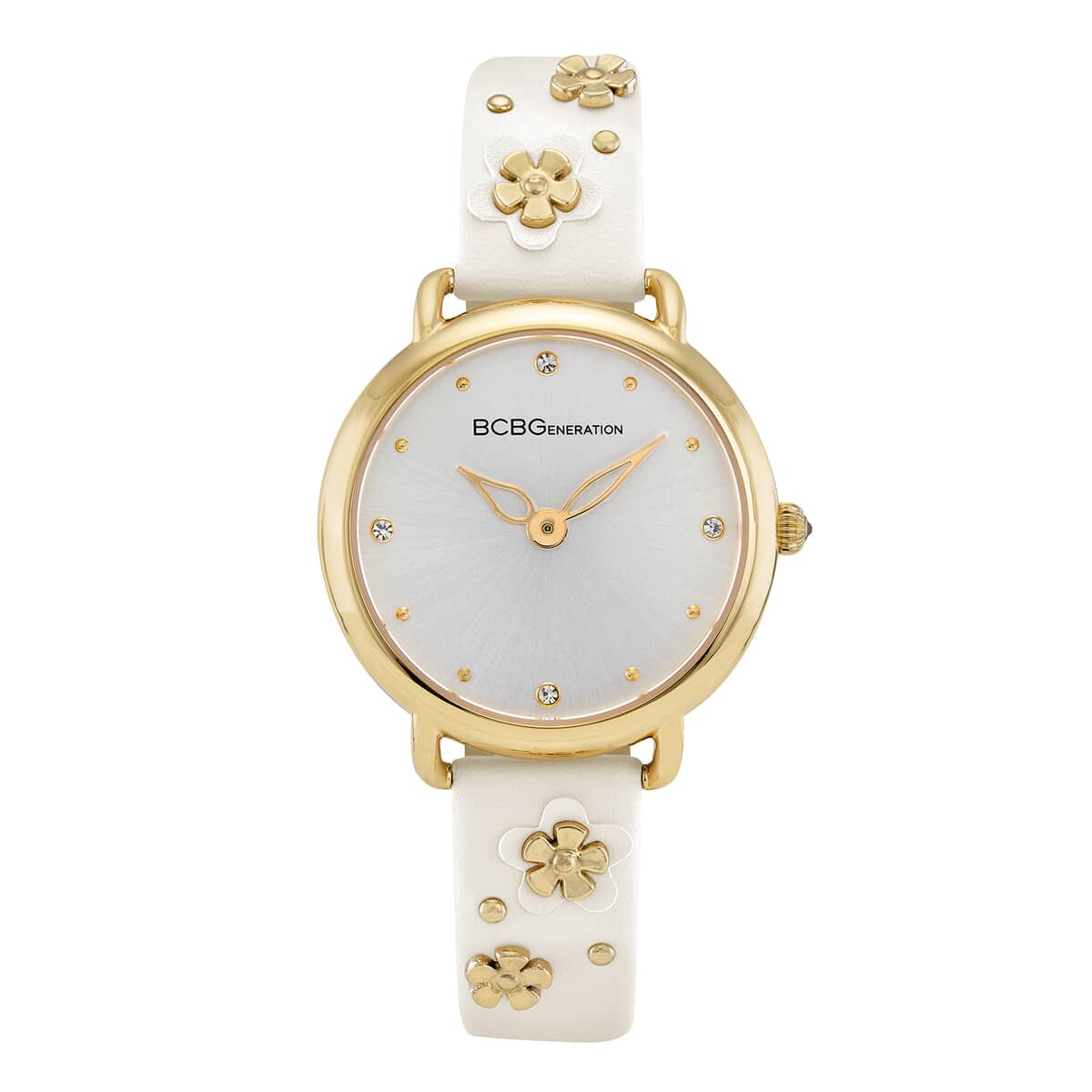 BCBGeneration Austrian Crystal Japanese Movement White Floral Vegan Leather Strap Watch in Goldtone (34mm) image number 0