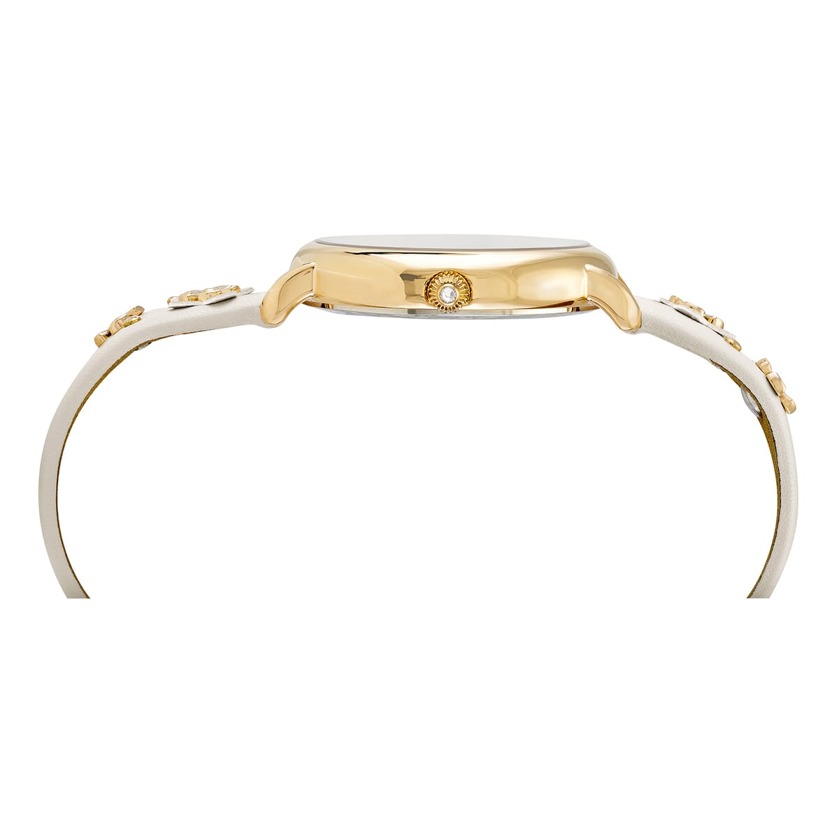 BCBGeneration Austrian Crystal Japanese Movement White Floral Vegan Leather Strap Watch in Goldtone (34mm) image number 1