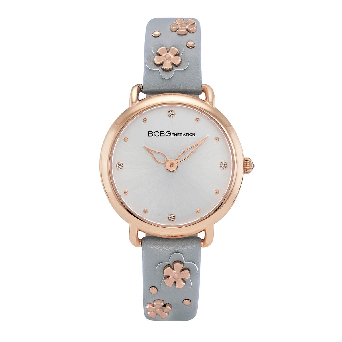 BCBGeneration Austrian Crystal Japanese Movement Gray Floral Vegan Leather Strap Watch in Rosetone (34mm) image number 0
