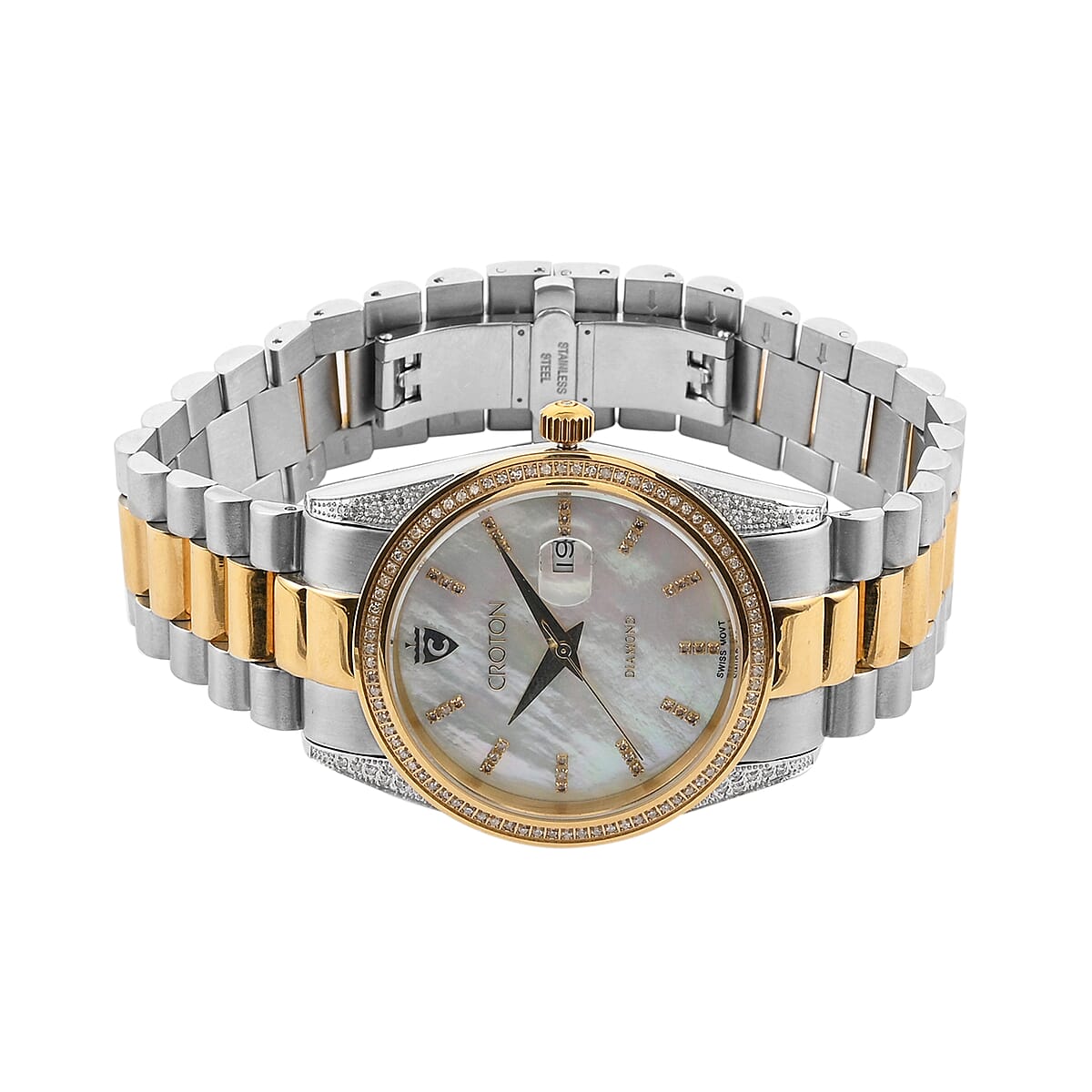 CROTON Diamond Swiss Movement Watch in ION Plated YG and Stainless Steel with MOP Dial (42mm) 1.00 ctw image number 1