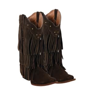 TANNER MARK 100% Genuine Suede Leather Western Style Square Toe Boot with Fringe- Brown (Size 6.5)