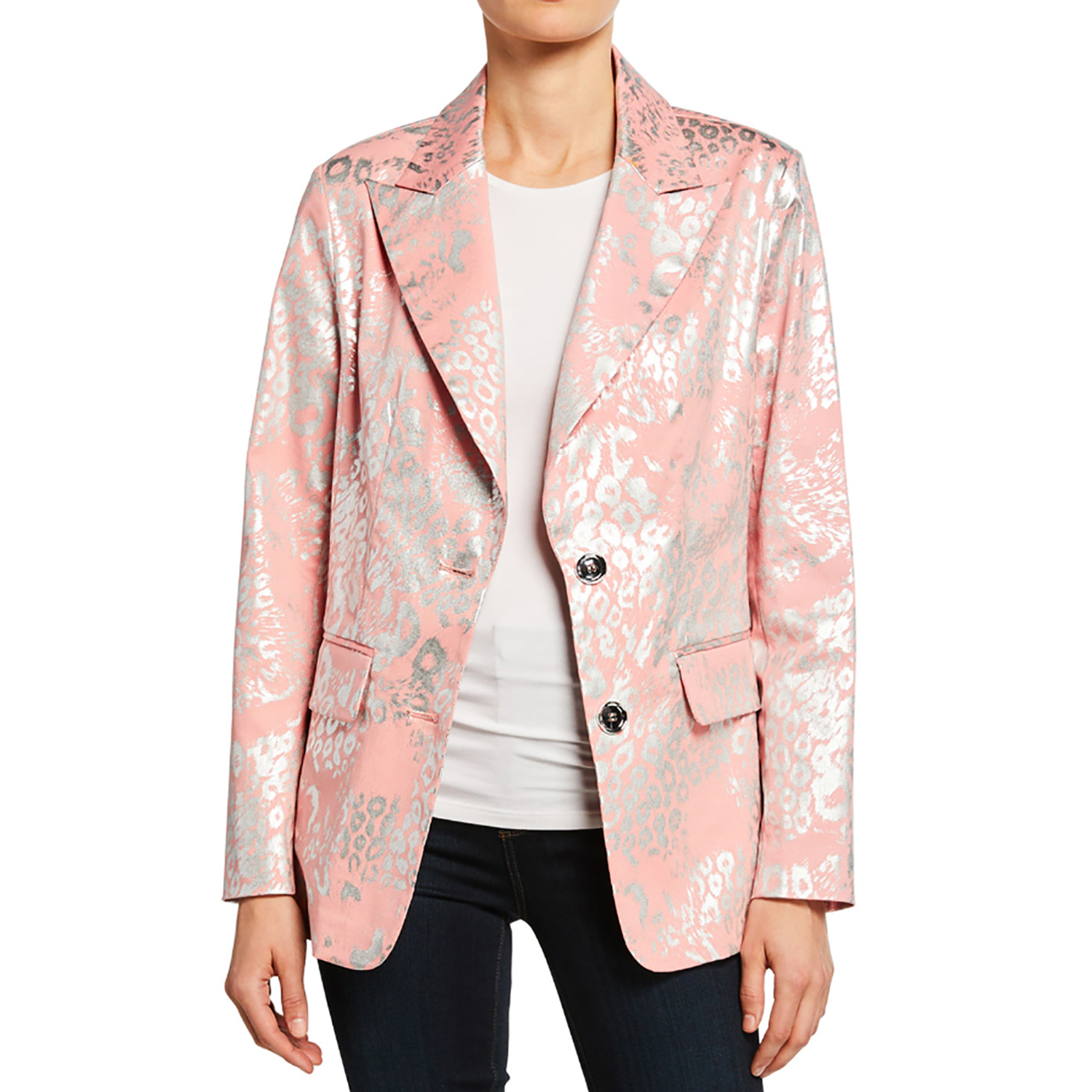 BEREK Pink Metallic Coated Animal Print Blazer Jacket For Women with Notch Collar - PXS