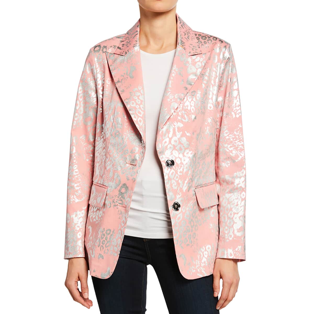 BEREK Pink Metallic Coated Animal Print Blazer Jacket For Women with Notch Collar - PM image number 0