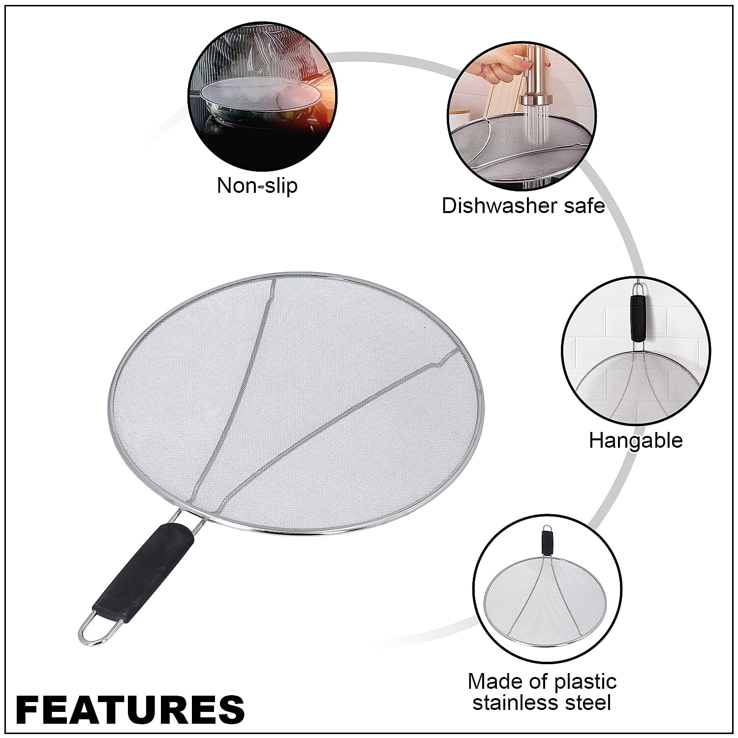 Black & Silver Grease Splatter Screen for Frying Pan in Stainless Steel