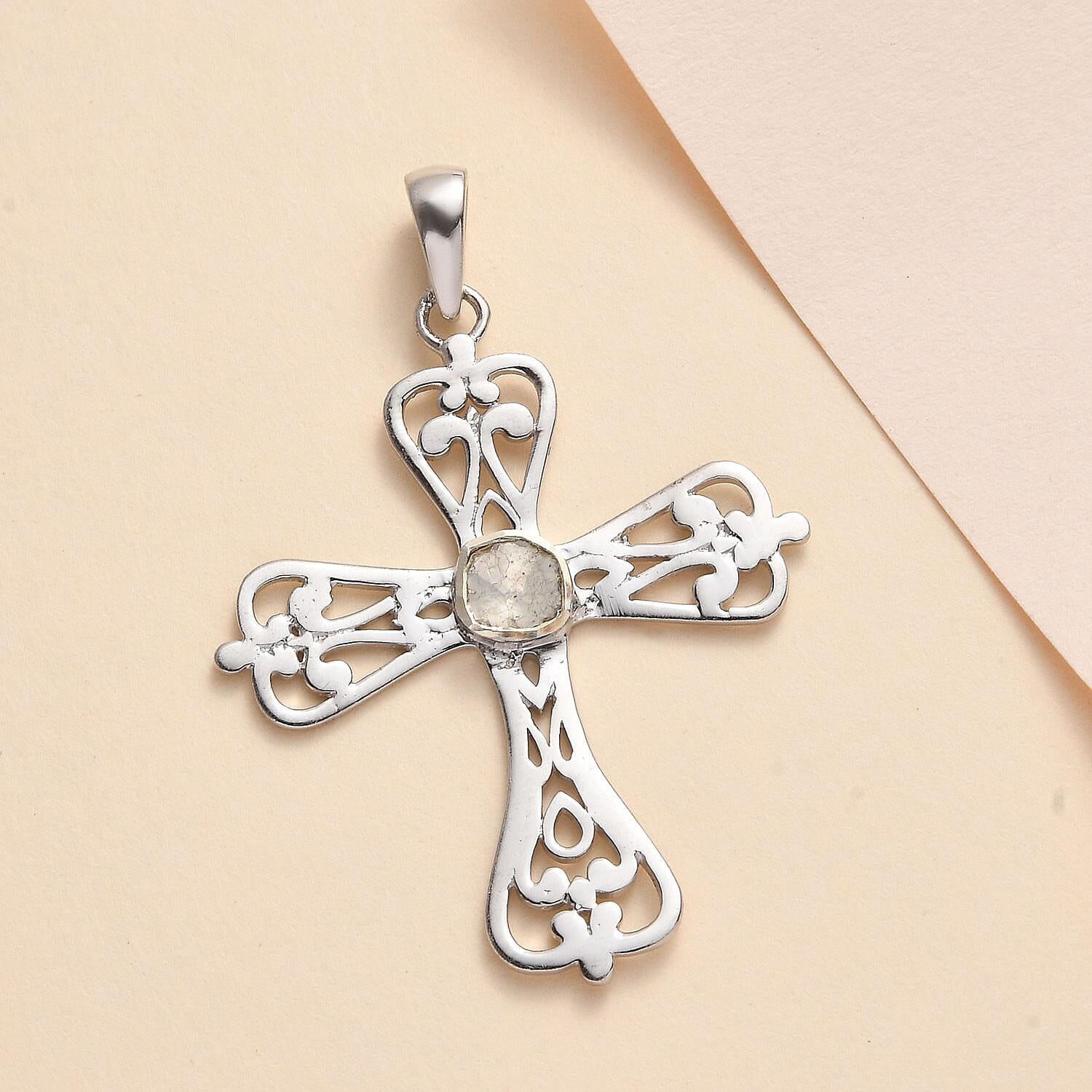Artisan Crafted Polki Diamond 0.15 ctw Cross Pendant without Chain in Sterling Silver
