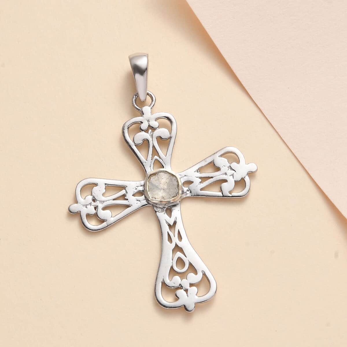Artisan Crafted Polki Diamond Cross Pendant in Sterling Silver 0.15 ctw image number 1