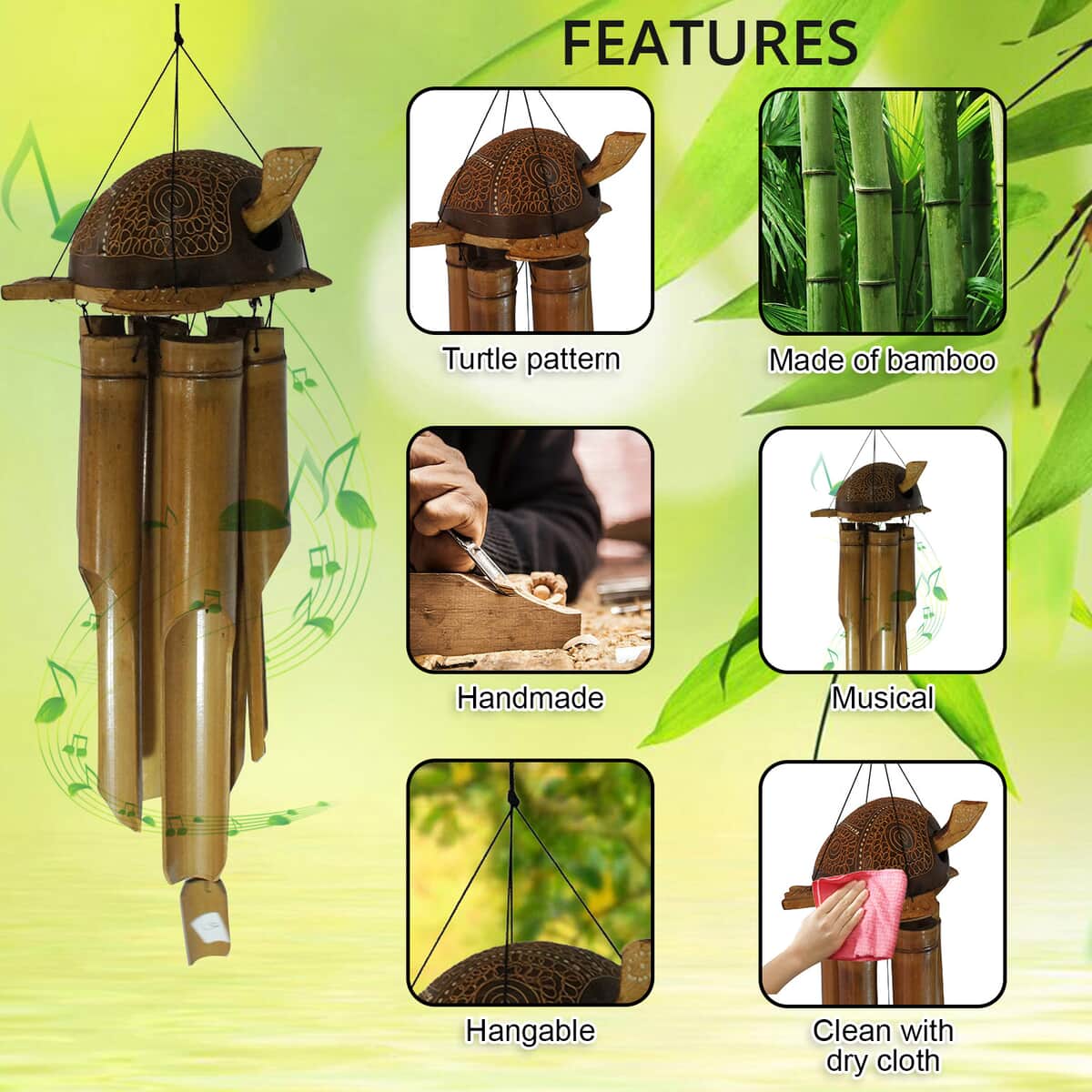 Bamboo Wind Chime With Turtle on top with Movable Head image number 2