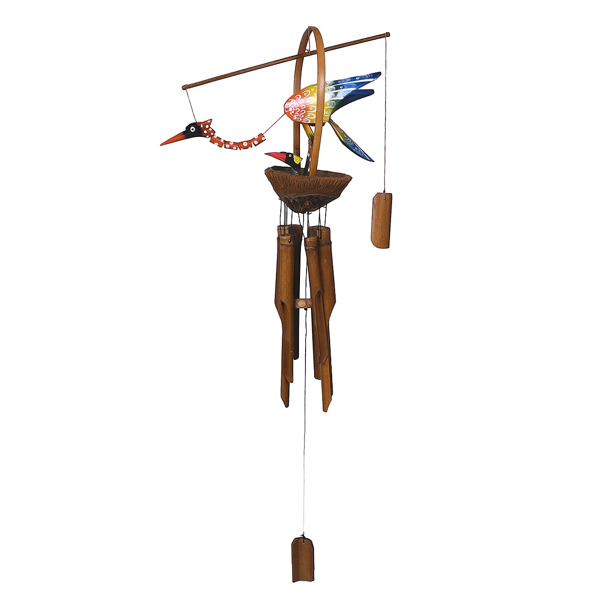 Bamboo Wind Chimes with Stork Feeding on Nest image number 1