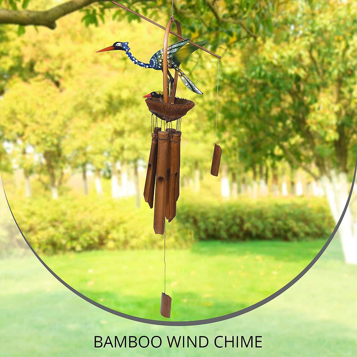 Bamboo Wind Chimes With Stork Feeding on Nest image number 1