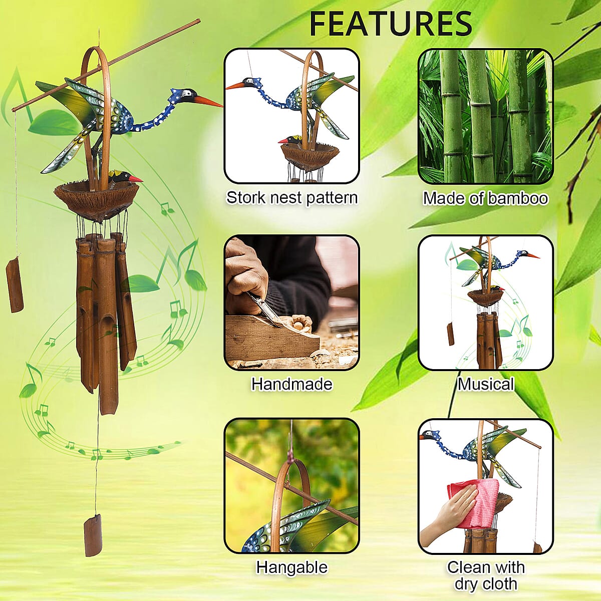 Bamboo Wind Chimes With Stork Feeding on Nest image number 2