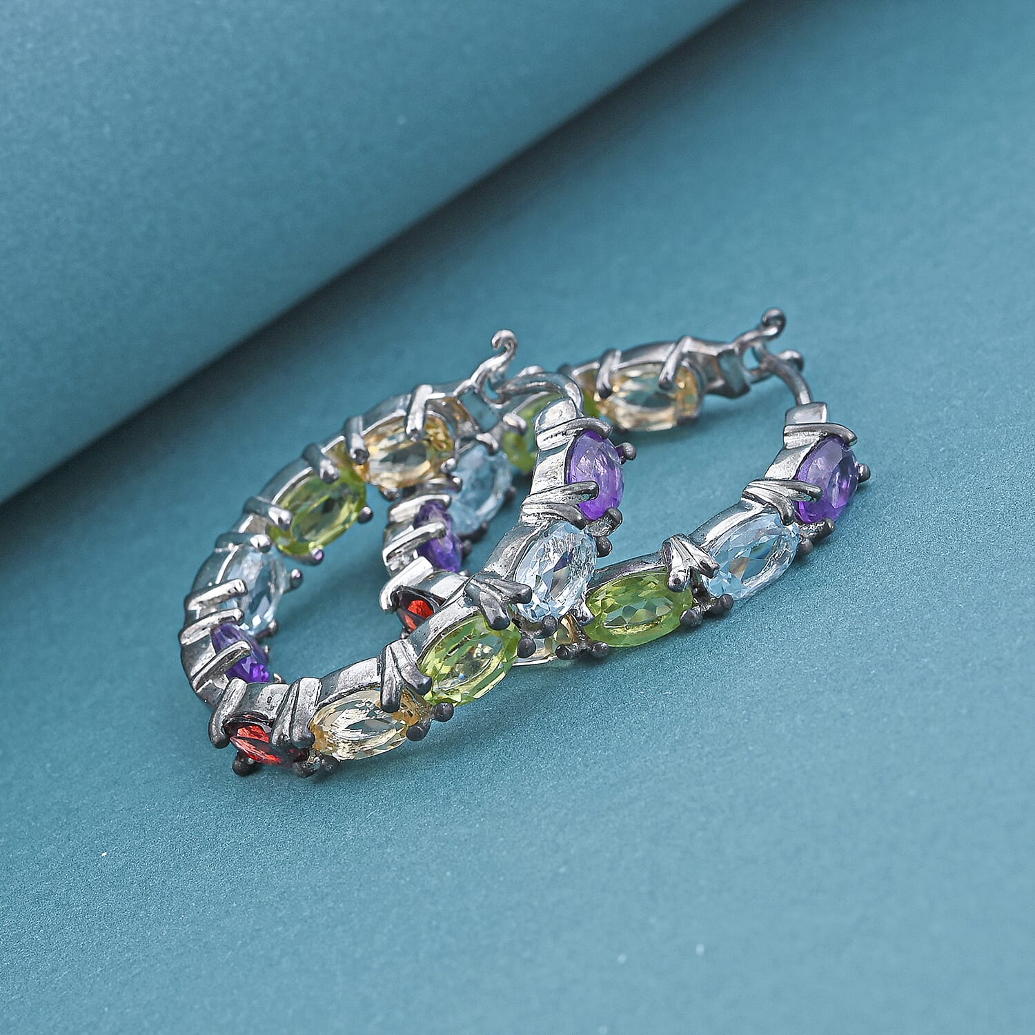 Multi Gemstone Inside Out Hoop Earrings in Sterling Silver 7 Grams 8.75 ctw