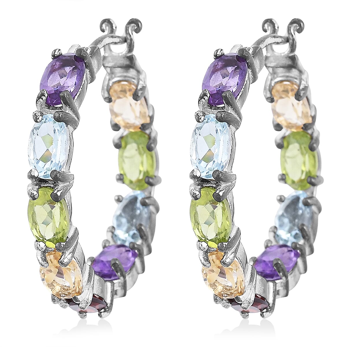 Multi Gemstone Inside Out Hoop Earrings in Sterling Silver 7 Grams 8.75 ctw