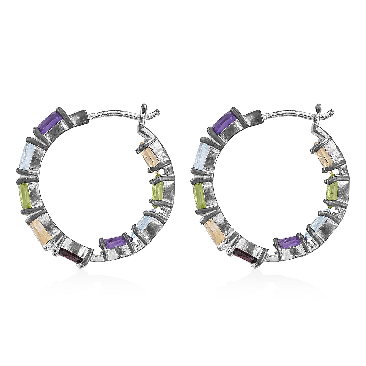 Multi Gemstone Inside Out Hoop Earrings in Sterling Silver 7 Grams 8.75 ctw