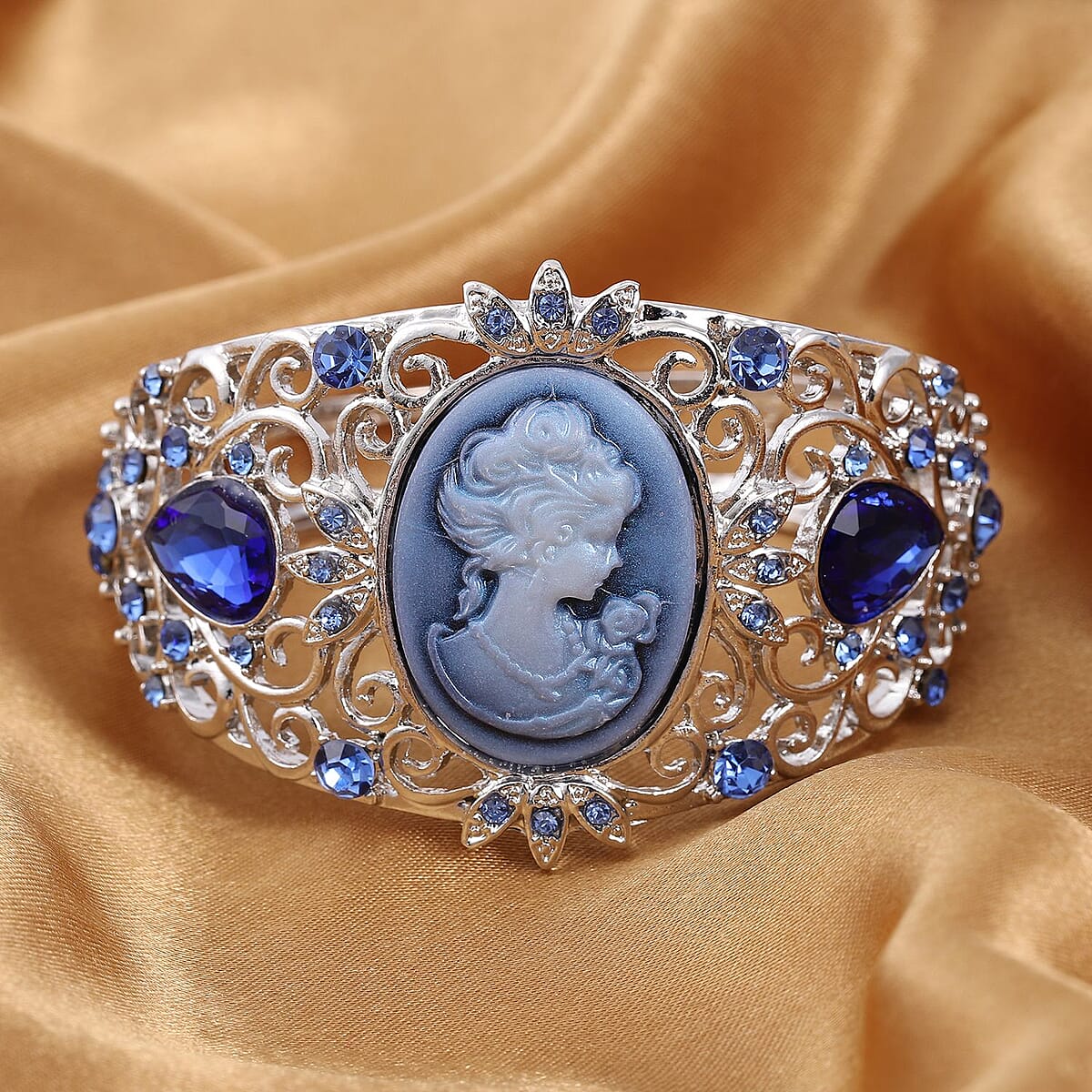 Blue Cameo and Blue Crystal and Glass Bangle Bracelet in Silvertone (6.50 In) image number 1