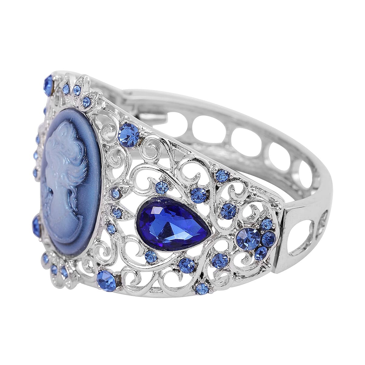 Blue Cameo and Blue Crystal and Glass Bangle Bracelet in Silvertone (6.50 In) image number 3