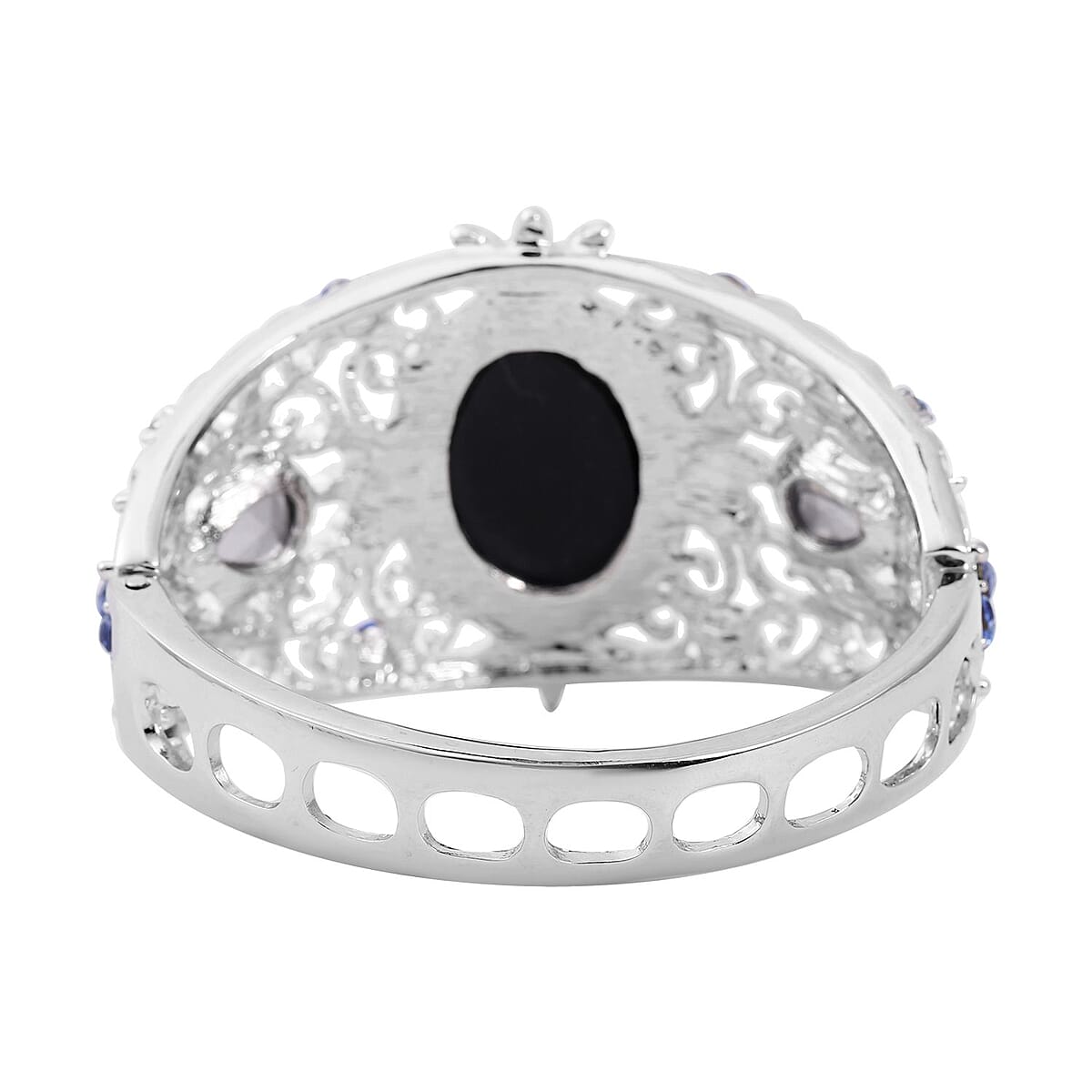 Blue Cameo and Blue Crystal and Glass Bangle Bracelet in Silvertone (6.50 In) image number 4