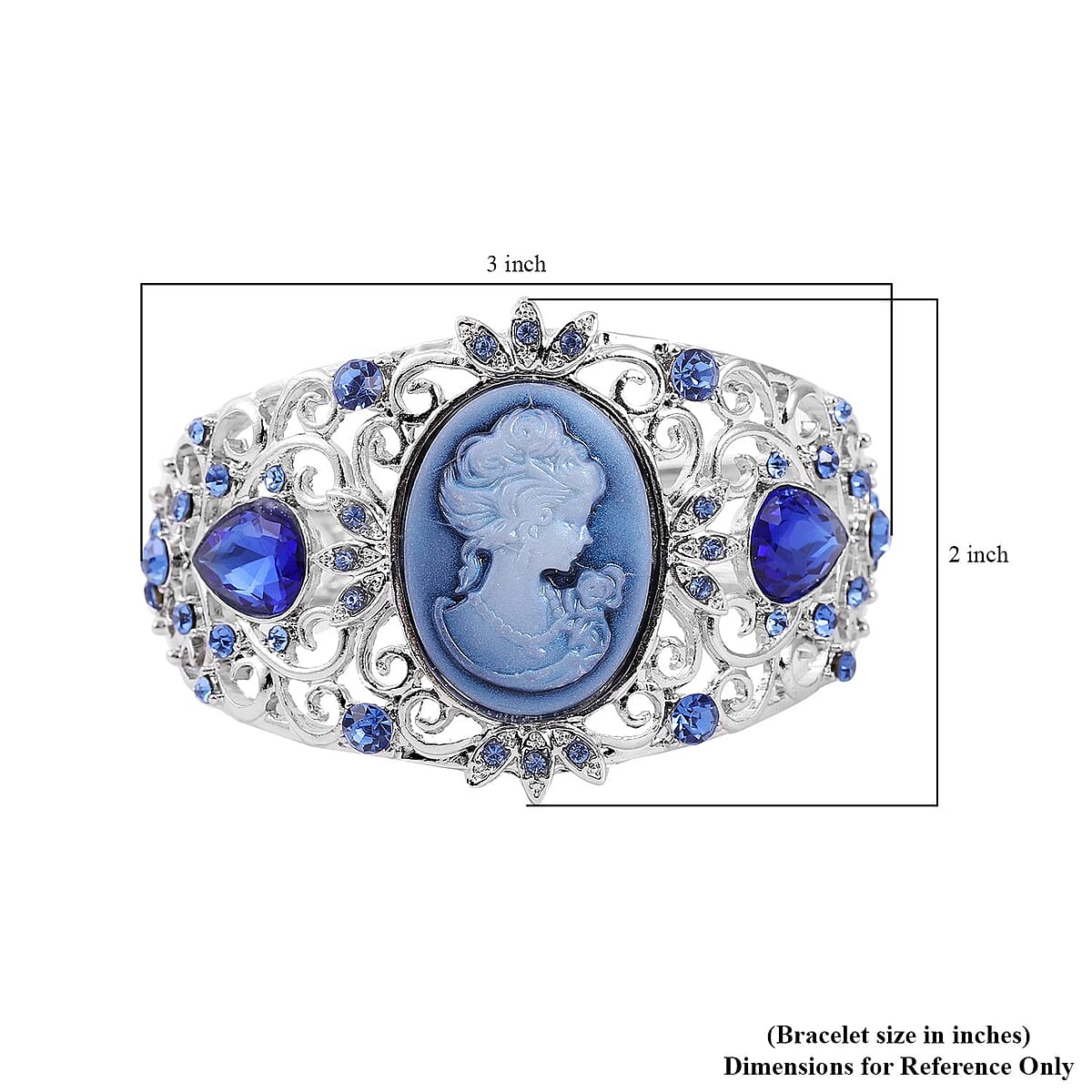 Blue Cameo and Blue Crystal and Glass Bangle Bracelet in Silvertone (6.50 In) image number 5