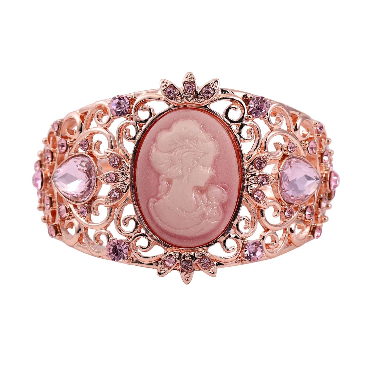 Pink Cameo and Pink Crystal and Glass Bangle Bracelet in Rosetone (6.50 In) image number 0