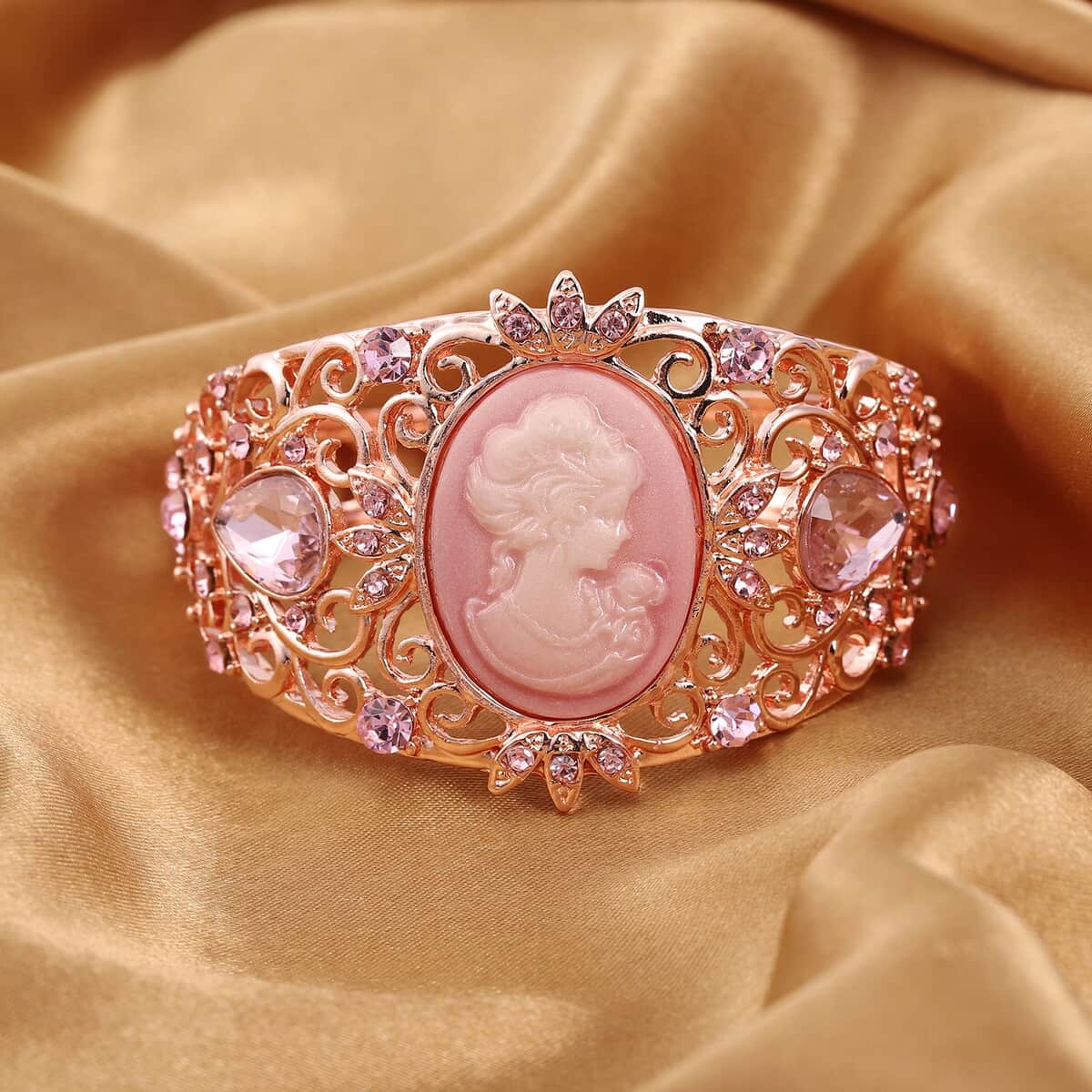 Pink Cameo and Pink Crystal and Glass Bangle Bracelet in Rosetone (6.50 In) image number 1