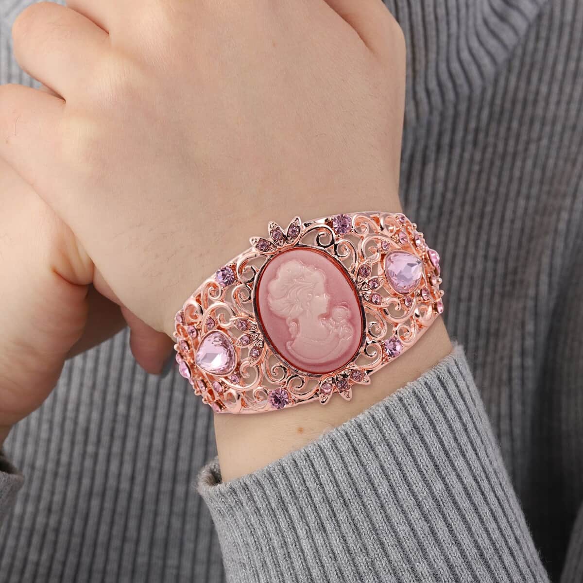 Pink Cameo and Pink Crystal and Glass Bangle Bracelet in Rosetone (6.50 In) image number 2