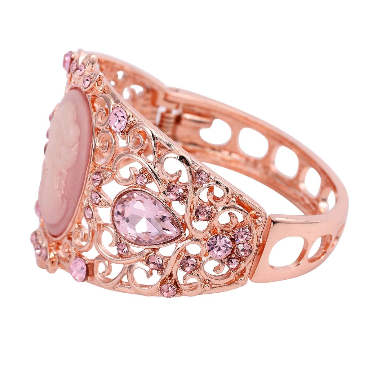 Pink Cameo and Pink Crystal and Glass Bangle Bracelet in Rosetone (6.50 In) image number 3