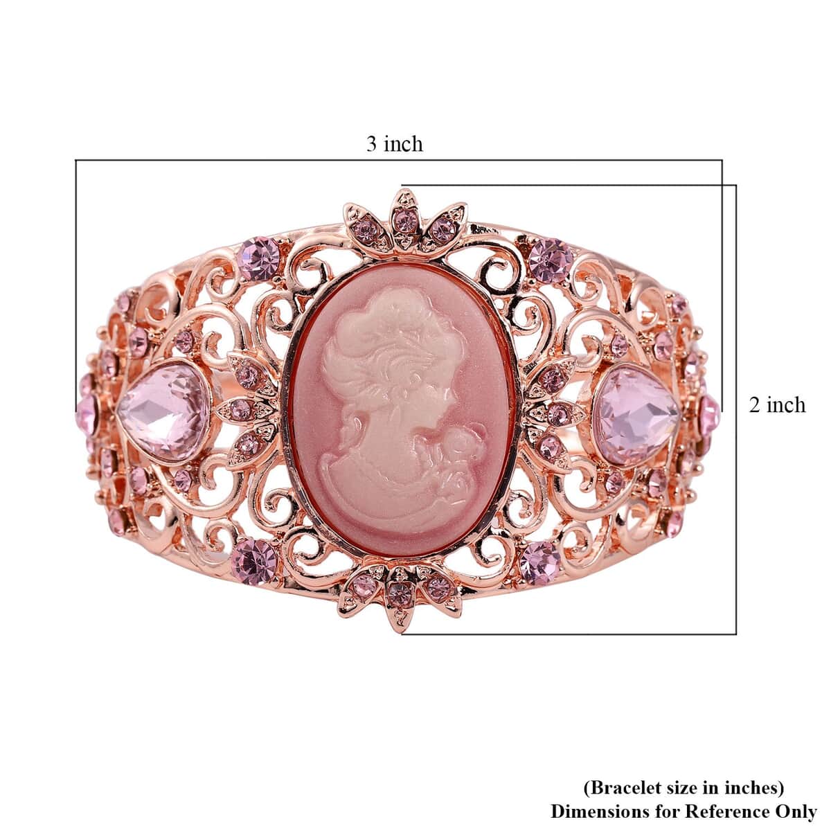 Pink Cameo and Pink Crystal and Glass Bangle Bracelet in Rosetone (6.50 In) image number 5