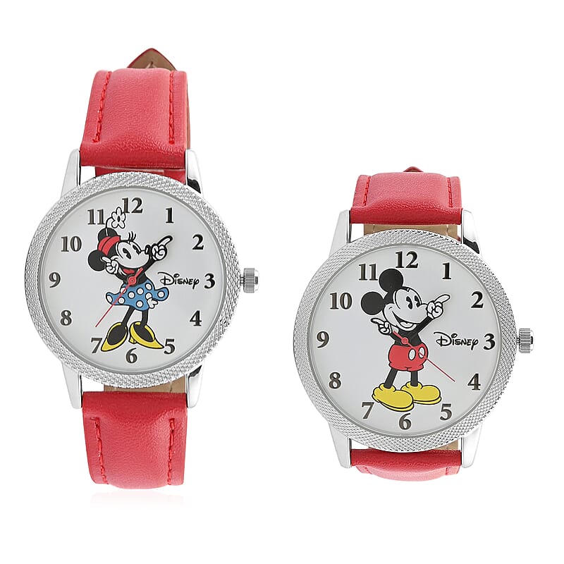 EXCLUSIVE DEAL DISNEY Set of 2 Japanese Movement Mickey and Minnie Mouse Red Vegan Leather Strap His & Hers Gift Set Watch (35mm) (45mm)