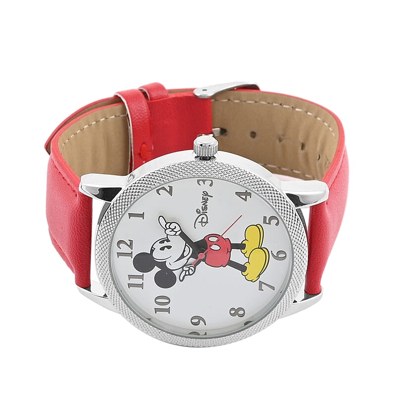 EXCLUSIVE DEAL DISNEY Set of 2 Japanese Movement Mickey and Minnie Mouse Red Vegan Leather Strap His & Hers Gift Set Watch (35mm) (45mm)