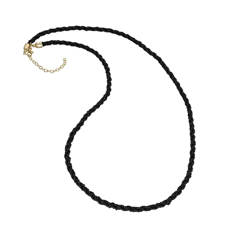 Black Glass Seed Beaded Necklace (36 Inches) in Goldtone