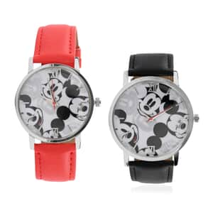 DISNEY Set of 2 Japanese Movement Red and Black Mickey Mouse Vegan Leather Strap His & Hers Gift Set Watch (35mm) (45mm)