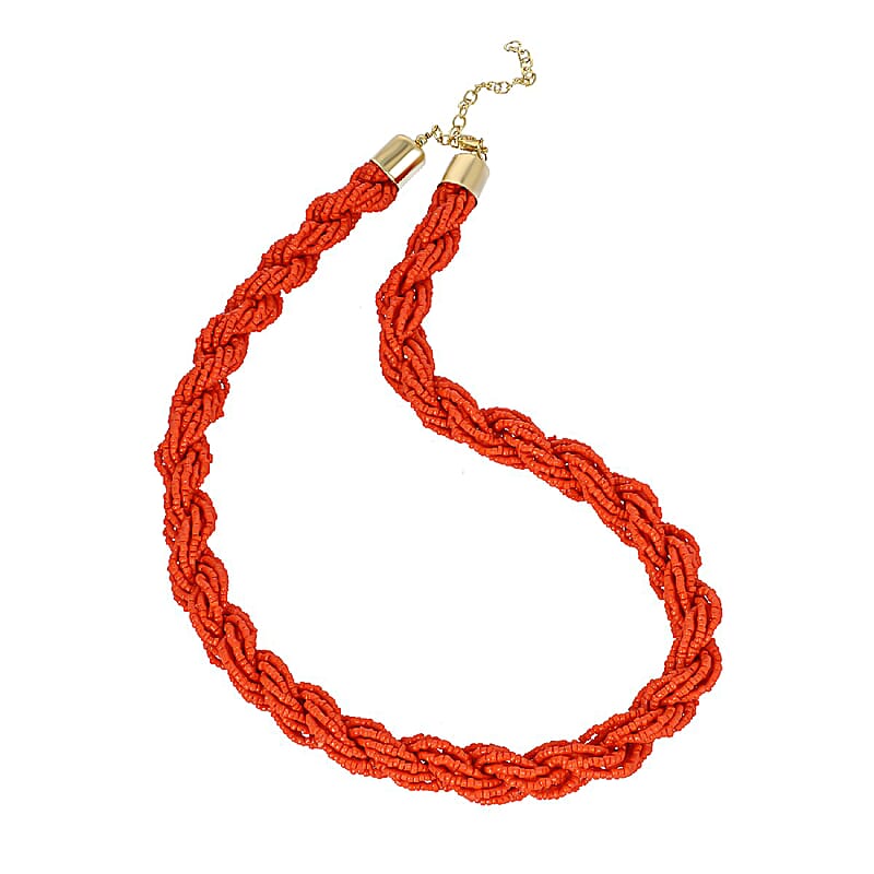 Orange Glass Seed Beaded Necklace (24 Inches) in Goldtone