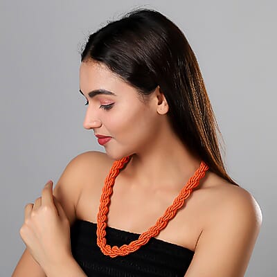 Orange Glass Seed Beaded Necklace (24 Inches) in Goldtone
